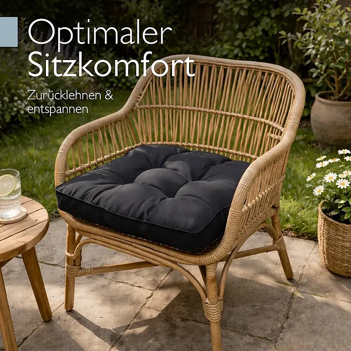Beautissu Sitzauflage Flair LK - Outdoor Lounge, 1 Stk., L x B x H: 70 x 70 x 10 cm, Polyester, Graphitgrau - Rattan-Gartensessel mit schwarzem Sitzkissen für optimalen Komfort im Grünen.