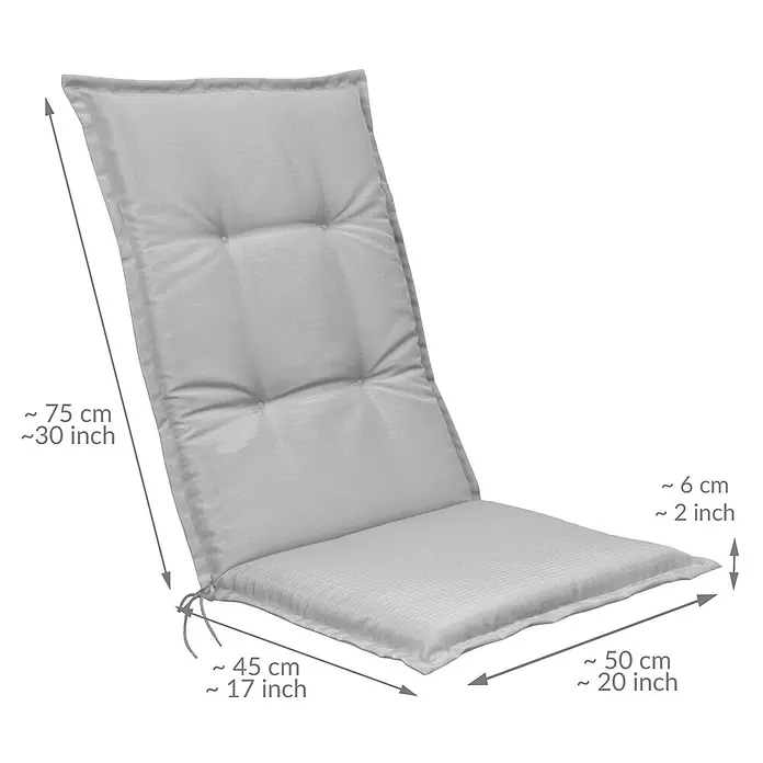 Beautissu Sitzauflage Base HL - Hochlehner, 4 Stk., L x B x H: 120 x 50 x 6 cm, Polyester, Hellgrau - Hellgraues, gestepptes Stuhlkissen mit sichtbaren Maßen und Bändern.
