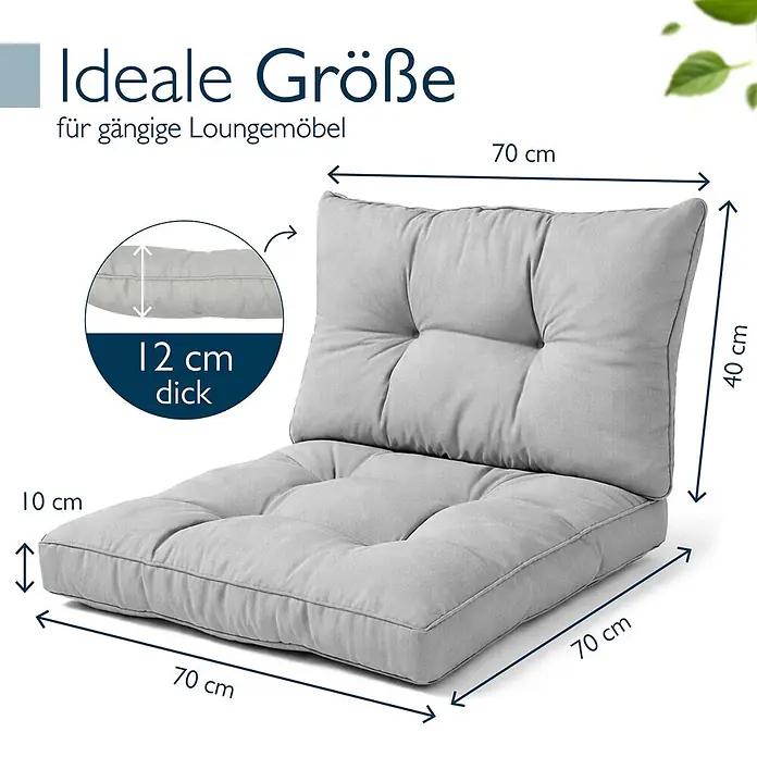 Beautissu Sitzauflage XLuna - Outdoor Lounge, 2 Stk., L x B x H: 70 x 70 x 22 cm, Polyester, Hellgrau - Hellgraues zweiteiliges Lounge-Kissen-Set. Sitzkissen: 70x70x10 cm. Rückenkissen: 70x40x12 cm.