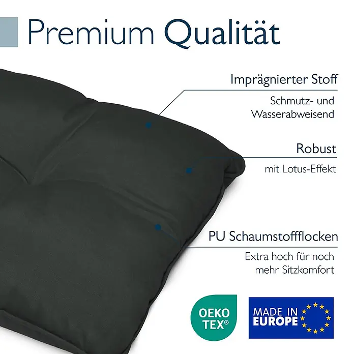 Beautissu Sitzauflage Flair LK - Outdoor Lounge, 1 Stk., L x B x H: 70 x 70 x 10 cm, Polyester, Graphitgrau - Dunkelgraues Outdoor-Kissen aus schmutz- und wasserabweisendem Stoff, gefüllt mit PU-Schaum für hohen Komfort.