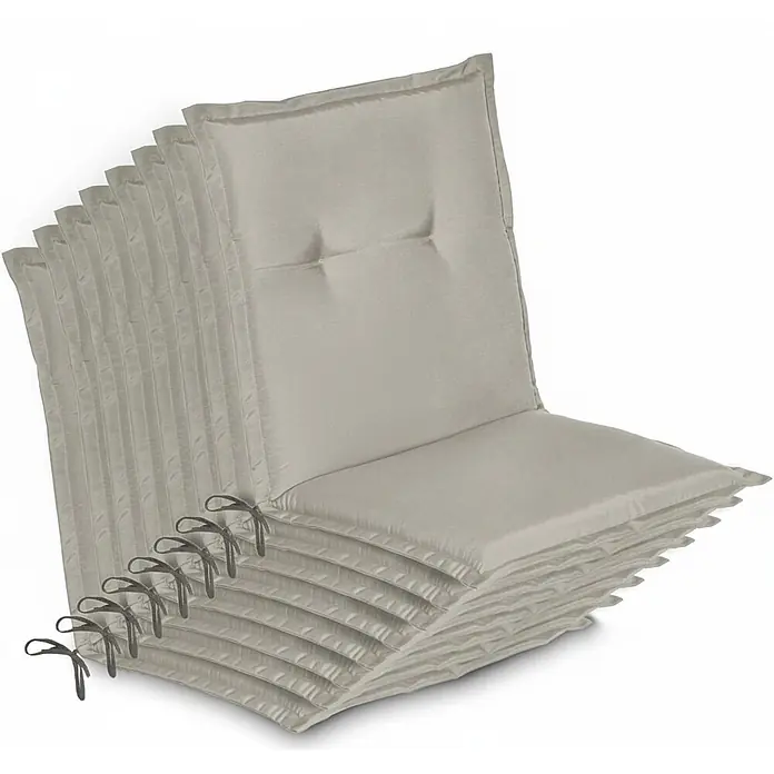 Beautissu Sitzauflage Loft Nl - Niederlehner, 8 Stk., L x B x H: 100 x 50 x 6 cm, Polyester, Hellgrau - Stapel hellgrauer Stuhlkissen mit gesteppten Rückenlehnen und seitlichen Bändern.
