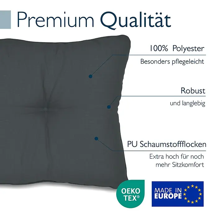 Beautissu Sitzauflage XLuna - Outdoor Lounge, 1 Stk., Polyester, Graphitgrau - Dunkelgraues Kissen aus 100% Polyester mit PU-Schaumstoffflocken, robust und extra hoch für Sitzkomfort.