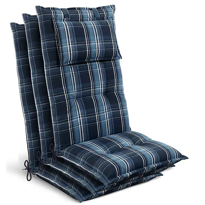 Beautissu Sitzauflage Highlux HL - Hochlehner, 3 Stk., L x B x H: 120 x 52 x 7 cm, Polyester, Blau-Weiß-Kariert - Set aus drei blauen karierten Steppauflagen mit Bindebändern, passend für Garten- oder Liegestühle.