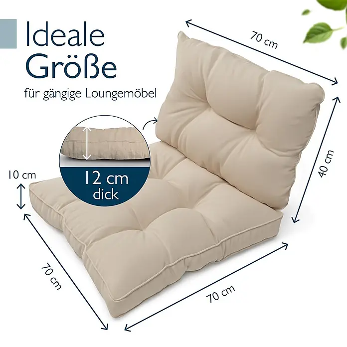 Beautissu Sitzauflage Flair Outdoor - Outdoor Lounge, 2 Stk., L x B x H: 70 x 70 x 22 cm, Polyester, Natur - Cremefarbenes, zweiteiliges Lounge-Kissen, 70x70cm Sitz, 70x40cm Rücken, 12cm dick, für Loungemöbel.