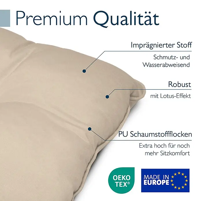 Beautissu Sitzauflage Flair Outdoor - Outdoor Lounge, 2 Stk., L x B x H: 50 x 50 x 22 cm, Polyester, Natur - Hellbeiges, robustes Kissen aus schmutz- und wasserabweisendem Stoff mit PU-Schaumstofffüllung für Komfort.