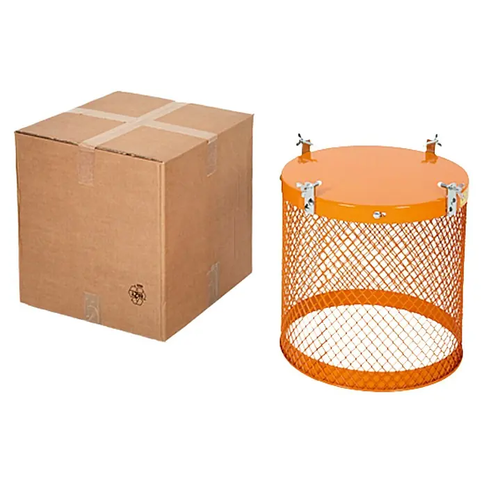 Altrad Siebtrommel für Betonmischer - Durchmesser: 46,5 cm, Streckmetall - Produktbild: Ein Karton und ein orangefarbener, zylinderförmiger Drahtkorb mit Deckel, ideal für industrielle Anwendungen und Lagerung.