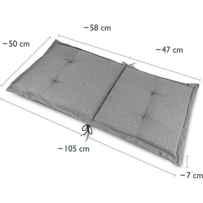 Beautissu Sitzauflage HighLux NL - Niederlehner, 6 Stk., Polyester, Hellgrau - Graues getuftetes Sitzkissen mit Gesamtmaßen: ~105 cm Länge, zwei Abschnitte mit Breiten ~50 cm und ~47 cm, und ~7 cm Dicke.