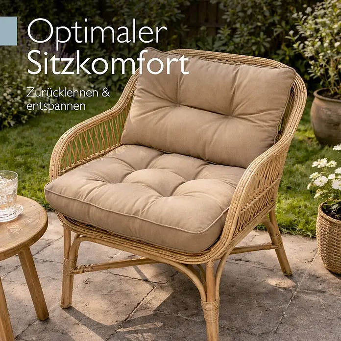 Beautissu Sitzauflage Flair Outdoor - Outdoor Lounge, 2 Stk., L x B x H: 50 x 50 x 22 cm, Polyester, Natur - Rattansessel mit weichen beigen Kissen, für gemütliche Entspannung im Freien.