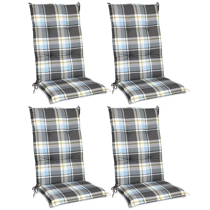 Beautissu Sitzauflage Sunny HL - Hochlehner, 4 Stk., Polyester, Blau - Vier karierte Hochlehner-Stuhlkissen in Grau, Blau, Weiß und Gelb mit Bändern.