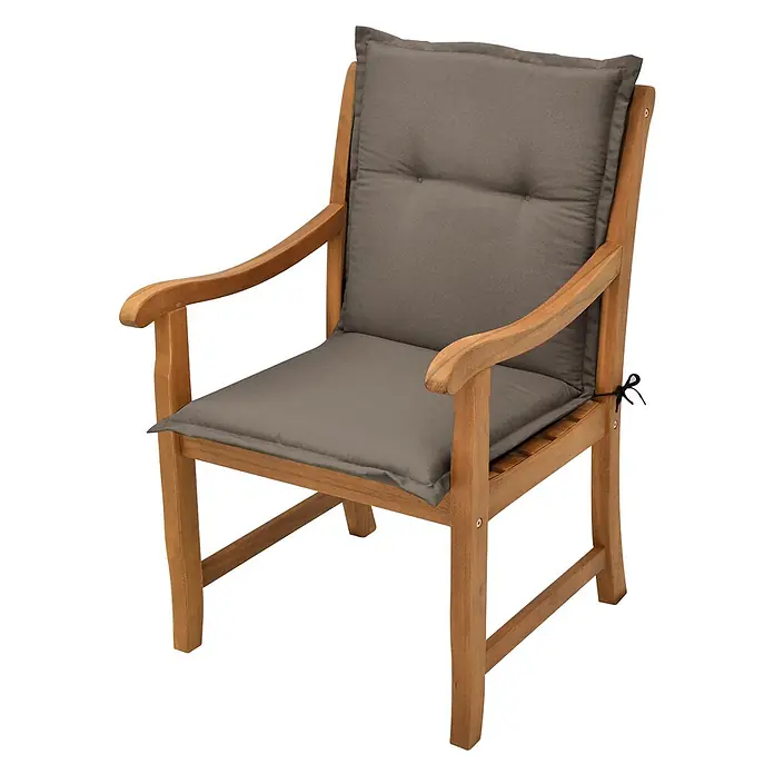 Beautissu Sitzauflage Loft Nl - Niederlehner, 4 Stk., L x B x H: 0 x 0 x 0 cm, Polyester, Taupe - Gartenstuhl aus Holz mit Armlehnen und einem bequemen grauen Kissen, für den Außenbereich geeignet.