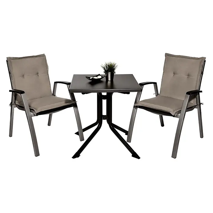 Beautissu Sitzauflage Loft Nl - Niederlehner, 4 Stk., L x B x H: 0 x 0 x 0 cm, Polyester, Taupe - Dunkelgraues Metall-Bistro-Set mit quadratischem Tisch und zwei Stühlen mit hellbraunen Auflagen.
