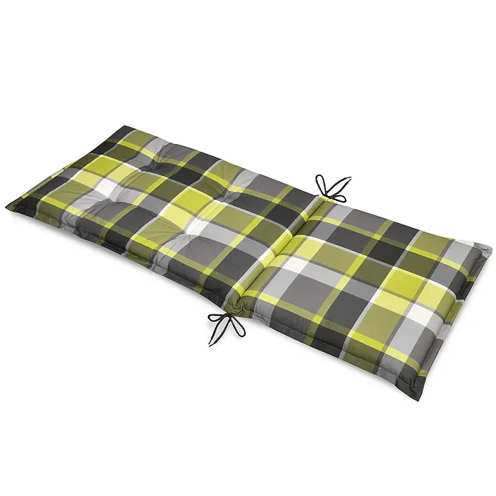 Beautissu Sitzauflage Sunny HL - Hochlehner, 6 Stk., Polyester, Grün - Kariertes Outdoor-Kissen in Grün, Grau und Weiß, mit Bändern zur Befestigung.