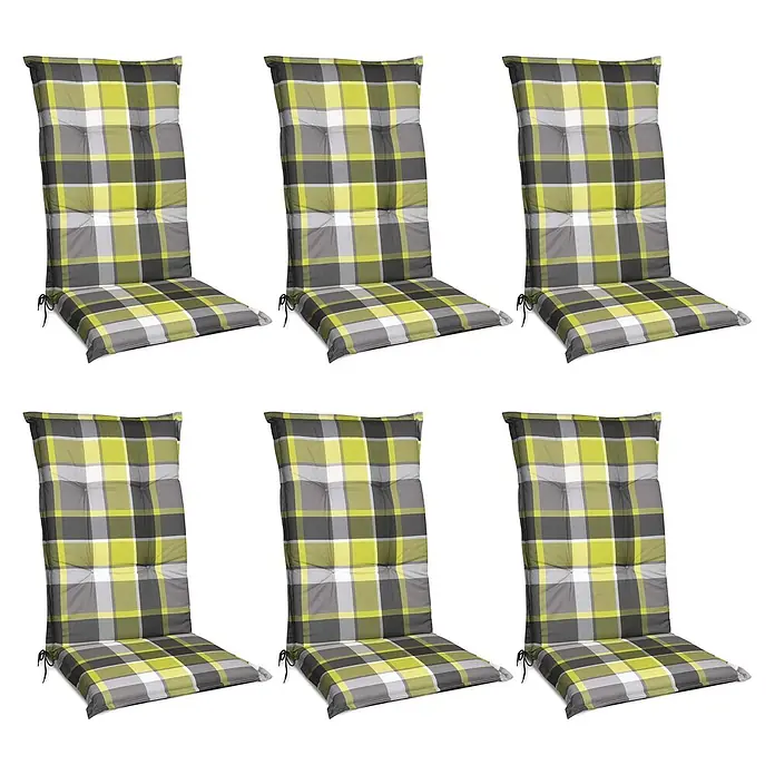 Beautissu Sitzauflage Sunny HL - Hochlehner, 6 Stk., Polyester, Grün - Sechs karierte Stuhlkissen in Grau, Limettengrün und Weiß mit Bändern.