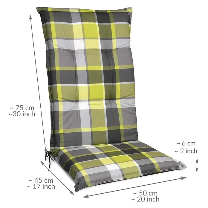 Beautissu Sitzauflage Sunny HL - Hochlehner, 6 Stk., Polyester, Grün - Gepolstertes Gartenstuhlauflage mit Karomuster in Grau, Weiß und Lindgrün, mit Bindebändern.