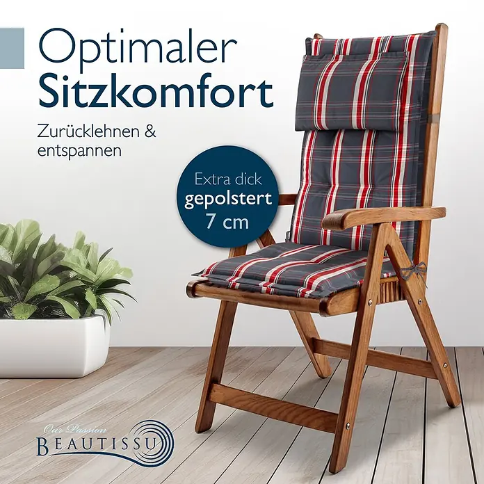 Beautissu Sitzauflage Highlux HL - Hochlehner, 7 Stk., L x B x H: 120 x 52 x 7 cm, Polyester, Grau-Rot-Kariert - Holzklappstuhl mit grau-rot kariertem Kissen, 7 cm dick für optimalen Komfort. Zum Zurücklehnen & Entspannen.