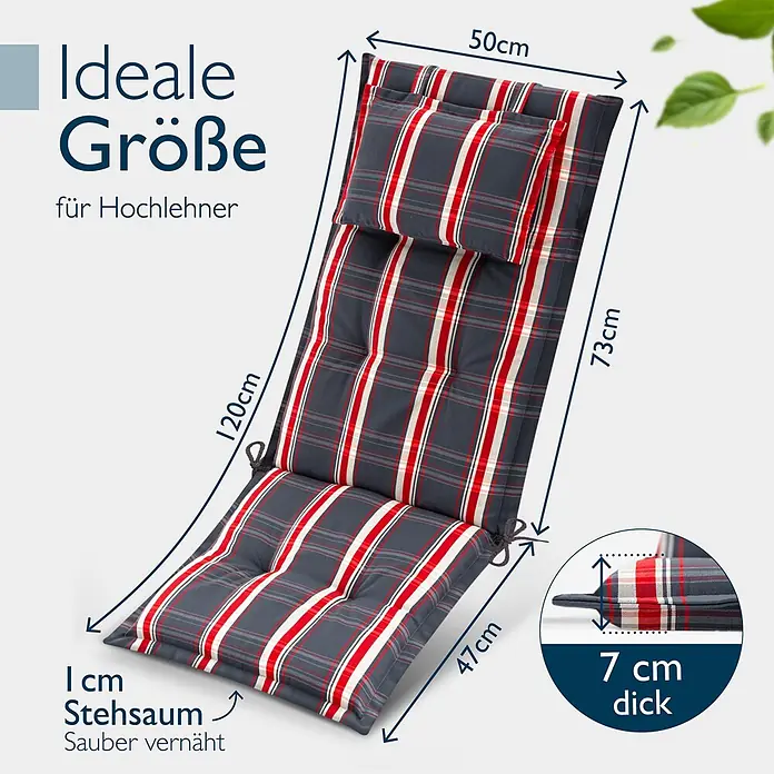 Beautissu Sitzauflage Highlux HL - Hochlehner, 7 Stk., L x B x H: 120 x 52 x 7 cm, Polyester, Grau-Rot-Kariert - Rot-weiß-grau karierte Hochlehner-Auflage, 120x50/47x7cm, mit 1cm Stehsaum. Ideal für Gartenstühle.