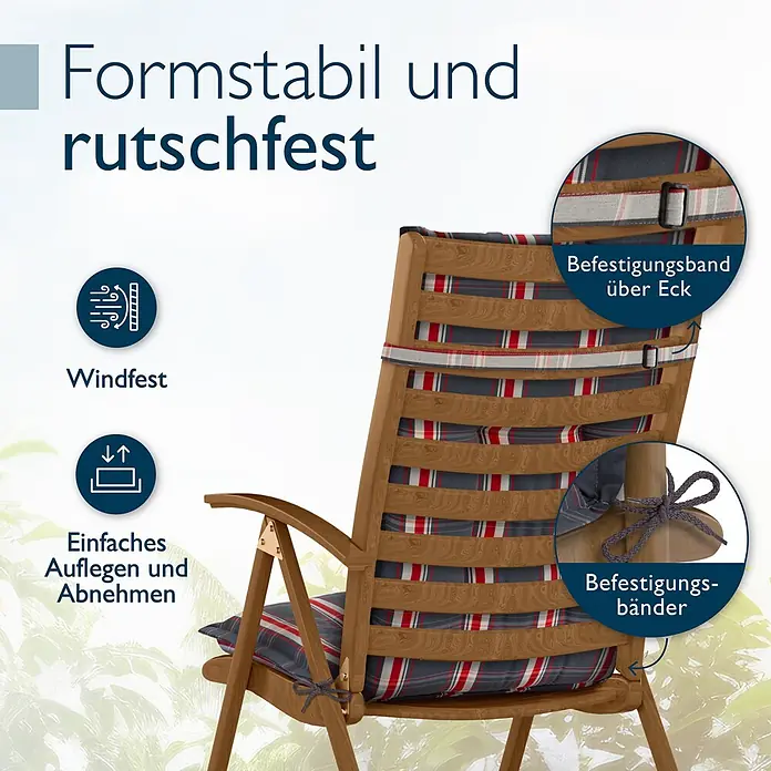 Beautissu Sitzauflage Highlux HL - Hochlehner, 7 Stk., L x B x H: 120 x 52 x 7 cm, Polyester, Grau-Rot-Kariert - Formstabiles, rutschfestes Gartenstuhlpolster mit Plaidmuster auf Holzstuhl, Befestigungsbändern und Windfest-Symbol.