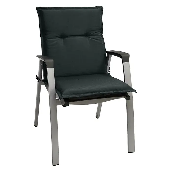 Beautissu Sitzauflage Base NL - Niederlehner, 2 Stk., L x B x H: 100 x 50 x 6 cm, Polyester, Graphitgrau - Grauer Metall-Gartenstuhl mit dunkelgrauen gepolsterten Kissen und Armlehnen.