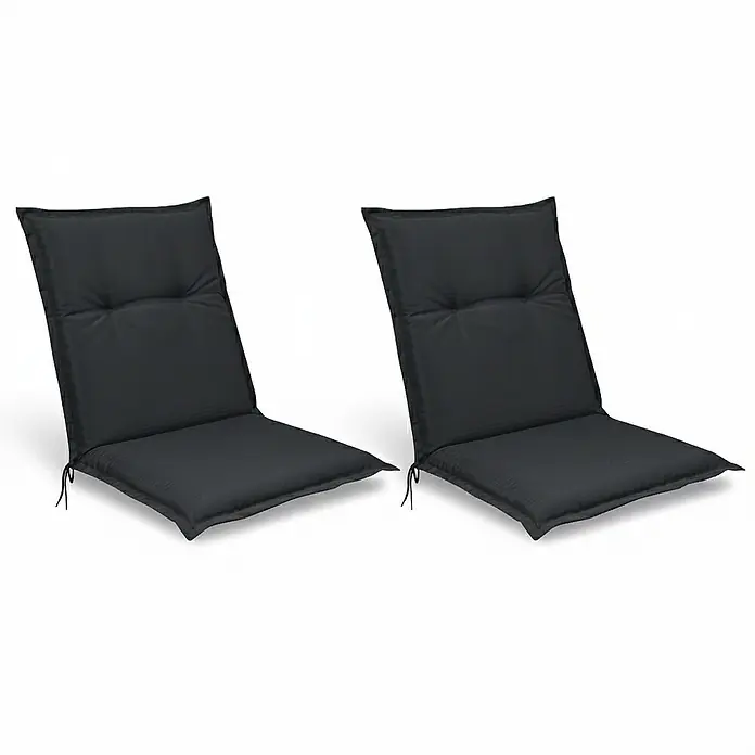 Beautissu Sitzauflage Base NL - Niederlehner, 2 Stk., L x B x H: 100 x 50 x 6 cm, Polyester, Graphitgrau - Zwei schwarze Stoff-Stuhlkissen mit getufteten Rückenlehnen und Bändern.