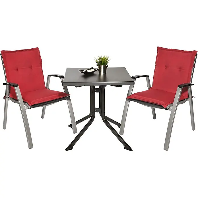 Beautissu Sitzauflage Loft Nl - Niederlehner, 2 Stk., Polyester, Rot - Outdoor-Bistro-Set mit zwei Stühlen mit roten Polstern und silbernen Gestellen sowie einem dunkelgrauen quadratischen Tisch.