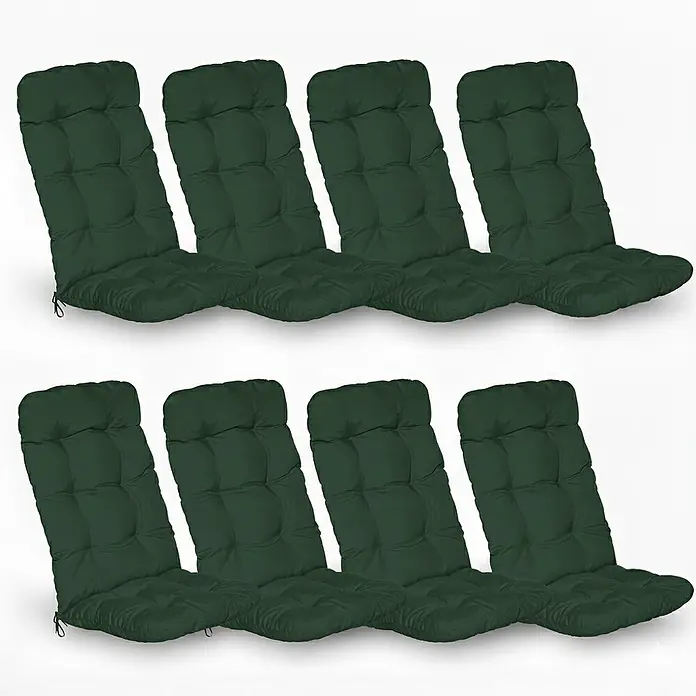 Beautissu Sitzauflage Flair HL - Hochlehner, 8 Stk., Polyester, Dunkelgrün - Achter-Set dunkelgrüner gesteppter Gartenstuhlauflagen in voller Länge.