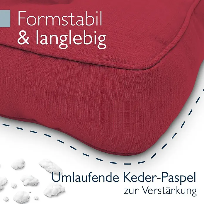 Beautissu Sitzauflage XLuna - Outdoor Lounge, 2 Stk., L x B x H: 70 x 70 x 22 cm, Polyester, Rot - Rotes, formstabiles Stoffkissen mit umlaufender Keder-Paspel, zeigt Material und Füllung.