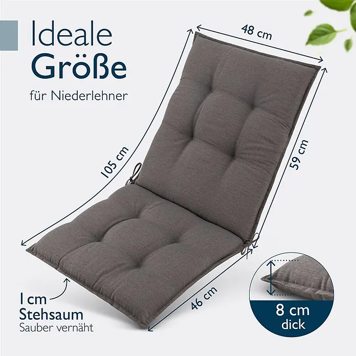 Beautissu Sitzauflage Sun-NL - Niederlehner, 4 Stk., L x B x H: 100 x 50 x 8 cm, Polyester, taupe-uni - Graues, gestepptes Kissen für Niederlehner, ca. 105x48 cm groß und 8 cm dick.