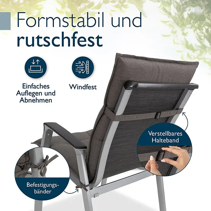 Beautissu Sitzauflage Sun-NL - Niederlehner, 4 Stk., L x B x H: 100 x 50 x 8 cm, Polyester, taupe-uni - Dunkelgraues Gartenstuhl-Kissen mit verstellbaren Bändern und Schlaufen für sicheren, windfesten Halt und Formstabilität.