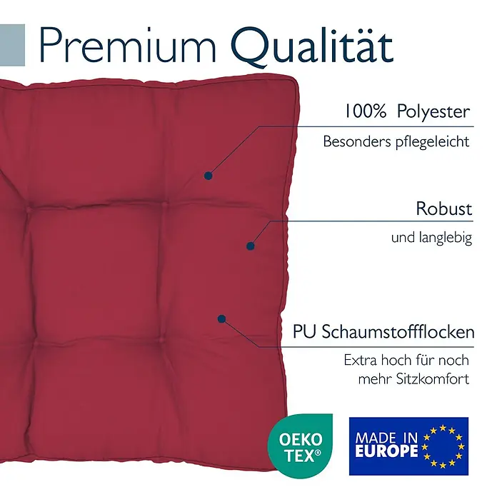 Beautissu Sitzauflage XLuna - Outdoor Lounge, 1 Stk., L x B x H: 70 x 70 x 10 cm, Polyester, Rot - Premium rotes, gestepptes Polyesterkissen mit PU-Schaumstoffflocken für hohen Sitzkomfort.