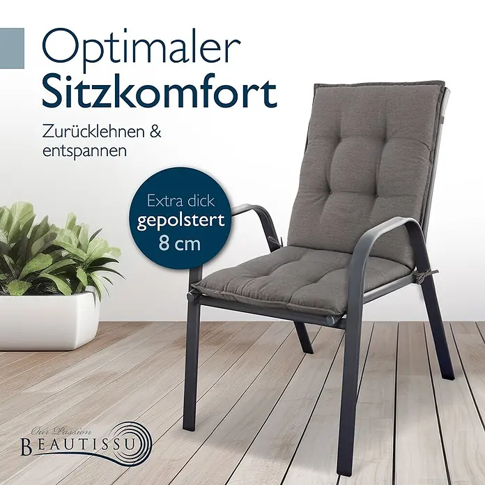 Beautissu Sitzauflage Sun-NL - Niederlehner, 4 Stk., L x B x H: 100 x 50 x 8 cm, Polyester, taupe-uni - Dunkelgrauer Garten-Sessel mit 8 cm dicken, gepolsterten Auflagen auf Holzterrasse für optimalen Komfort.