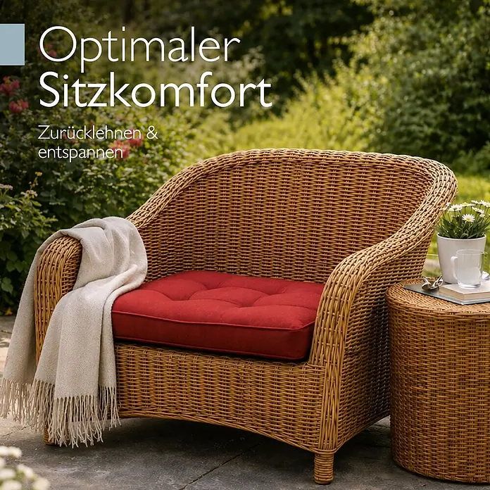 Beautissu Sitzauflage XLuna - Outdoor Lounge, 1 Stk., L x B x H: 70 x 70 x 10 cm, Polyester, Rot - Bequemer Rattan-Sessel mit rotem Kissen und Decke im Garten, ideal zum Entspannen.