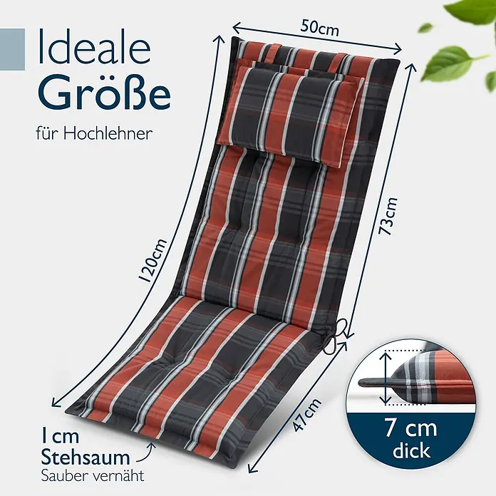 Beautissu Sitzauflage Highlux HL - Hochlehner, 5 Stk., Polyester, Grau-Orange-Weiß-Kariert - Rot-schwarz-weiß kariertes Hochlehner-Stuhlkissen, 50x120cm Gesamtgröße, 7cm dick.