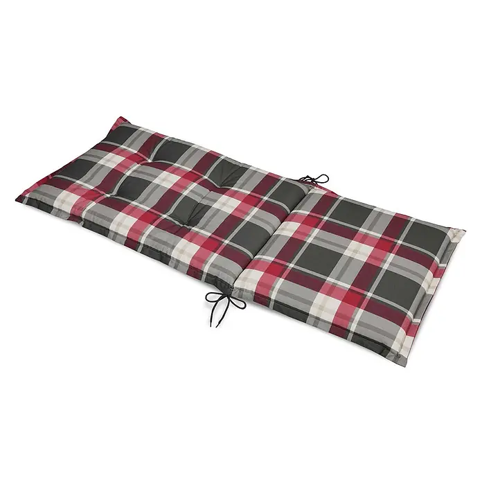 Beautissu Sitzauflage Sunny HL - Hochlehner, 1 Stk., L x B x H: 120 x 50 x 6 cm, Polyester, Bordeaux - Rot-grau-weiß kariertes Outdoor-Kissen mit Bindebändern.
