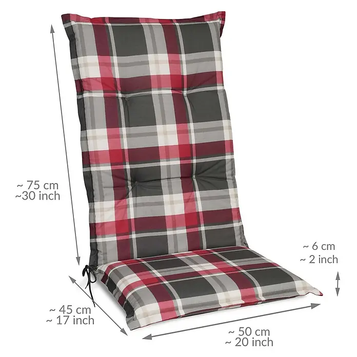 Beautissu Sitzauflage Sunny HL - Hochlehner, 1 Stk., L x B x H: 120 x 50 x 6 cm, Polyester, Bordeaux - Rot-weiß-graues Gartenstuhlpolster im Karomuster mit Bändern für bequemen Sitzkomfort.