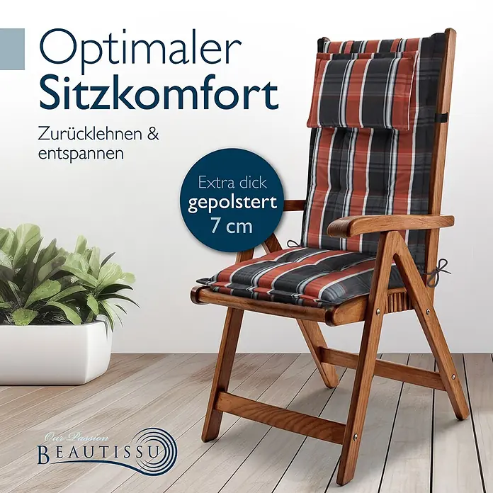 Beautissu Sitzauflage Highlux HL - Hochlehner, 5 Stk., Polyester, Grau-Orange-Weiß-Kariert - Hölzerner Klappgartenstuhl mit dickem, rot-schwarz-weiß kariertem Polster, 7 cm gepolstert, bereit zum Entspannen.