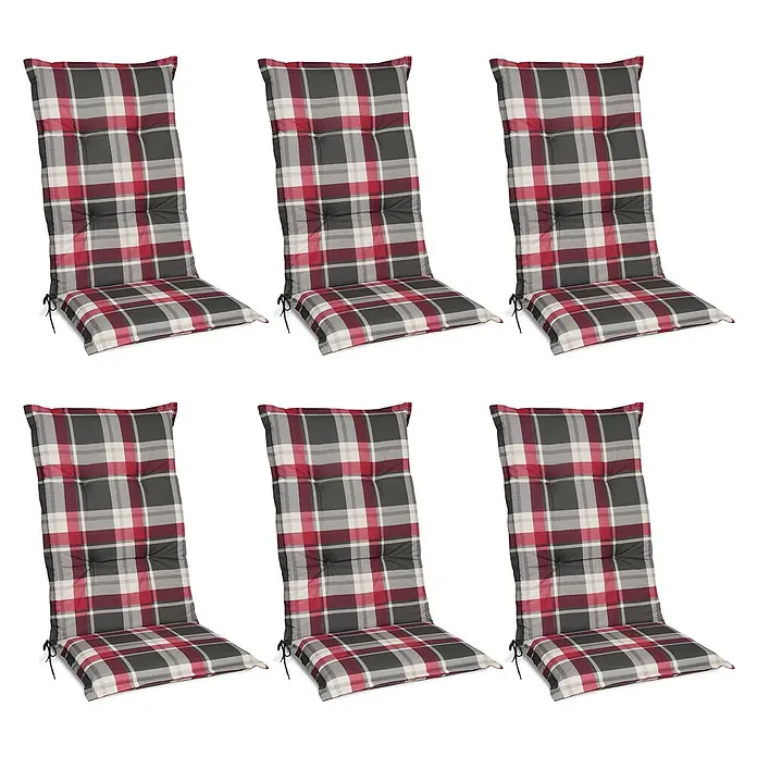 Beautissu Sitzauflage Sunny HL - Hochlehner, 6 Stk., Polyester, Bordeaux - Sechs rot, grau und weiß karierte Stuhlkissen mit Steppnähten und Bändern.