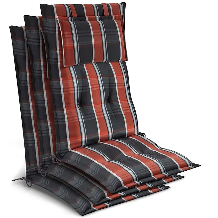 Beautissu Sitzauflage Highlux HL - Hochlehner, 3 Stk., Polyester, Grau-Orange-Weiß-Kariert - Stapel von drei karierten Gartenstuhlauflagen mit roten, schwarzen und weißen Streifen, mit Kopfstützen und Bindebändern.