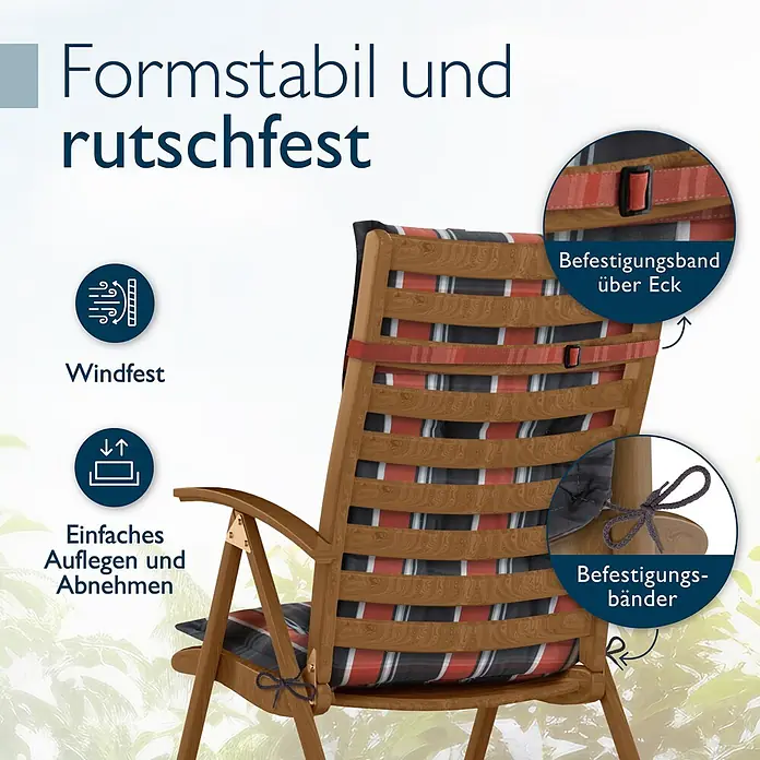 Beautissu Sitzauflage Highlux HL - Hochlehner, 5 Stk., Polyester, Grau-Orange-Weiß-Kariert - Kariertes Gartenstuhlauflage mit Befestigungsbändern und -gurten für sicheren, rutschfesten und windfesten Halt.