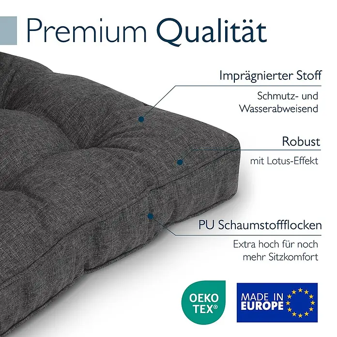 Beautissu Sitzauflage Beauflair - Outdoor Lounge, 1 Stk., L x B x H: 60 x 10 x 60 cm, Polyester, Graphitgrau - Dunkelgraues, gestepptes Kissen aus robustem, wasserabweisendem Stoff für hohen Sitzkomfort.