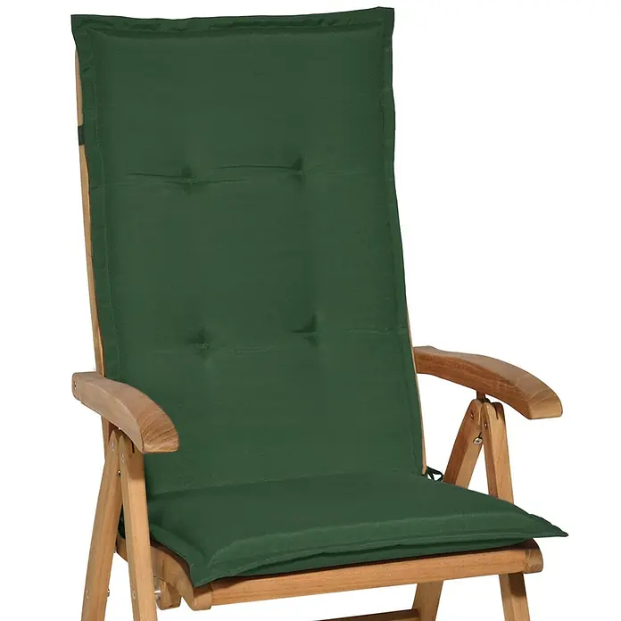 Beautissu Sitzauflage Loft HL - Hochlehner, 1 Stk., Polyester, Dunkelgrün - Ein dunkelgrünes Stoffpolster mit Knöpfen für einen hölzernen Gartenstuhl.