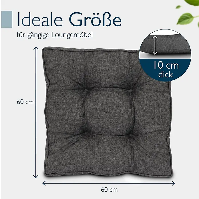 Beautissu Sitzauflage Beauflair - Outdoor Lounge, 1 Stk., L x B x H: 60 x 10 x 60 cm, Polyester, Graphitgrau - Dunkelgraues, getuftetes quadratisches Kissen (60x60x10 cm) für Loungemöbel.