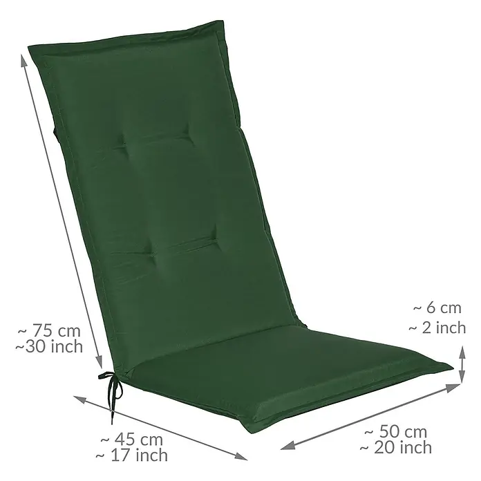 Beautissu Sitzauflage Loft HL - Hochlehner, 1 Stk., Polyester, Dunkelgrün - Dunkelgrünes getuftetes Stuhlkissen mit Bändern, das Rücken-, Sitz- und Dickenmaße zeigt.