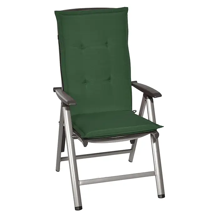Beautissu Sitzauflage Loft HL - Hochlehner, 1 Stk., Polyester, Dunkelgrün - Klappbarer Gartenstuhl mit dunkelgrünem Polster und silbergrauem Aluminiumrahmen, mit dunklen Armlehnen.