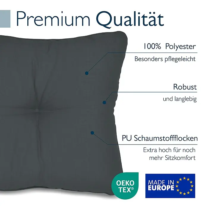 Beautissu Sitzauflage XLuna - Outdoor Lounge, 2 Stk., Polyester, Graphitgrau - Dunkelgraues Polyester-Kissen mit Knopfheftung, gefüllt mit PU-Schaumstoffflocken für hohen Sitzkomfort.