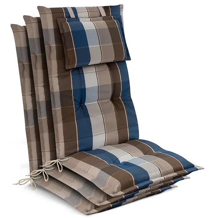 Beautissu Sitzauflage Highlux HL - Hochlehner, 3 Stk., Polyester, Braun-Blau-Kariert - Gestapelte Gartenstuhlauflagen mit blau-braun-beigem Karomuster, getufteten Details und Bindebändern.