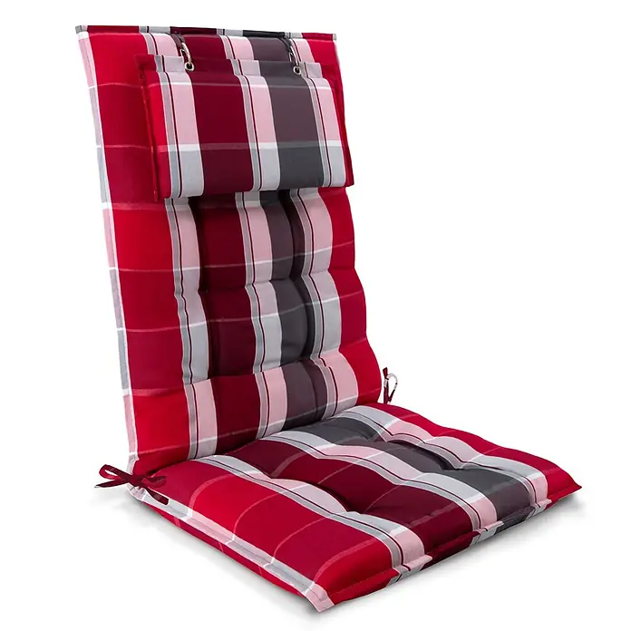 Beautissu Sitzauflage Sun-HL - Hochlehner, 1 Stk., Polyester, Rot-Anthrazit gestreift - Rotes, grau-weiß kariertes, getuftetes Gartenstuhlpolster mit Befestigungsringen und Bändern.