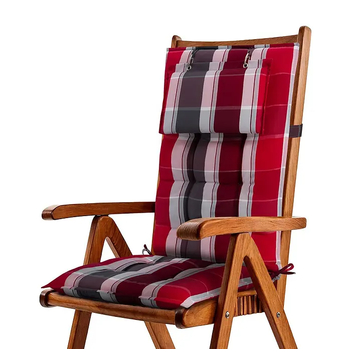 Beautissu Sitzauflage Sun-HL - Hochlehner, 1 Stk., Polyester, Rot-Anthrazit gestreift - Gestepptes Stuhlkissen mit rot-grau-weißem Karomuster auf einem Holzstuhl.