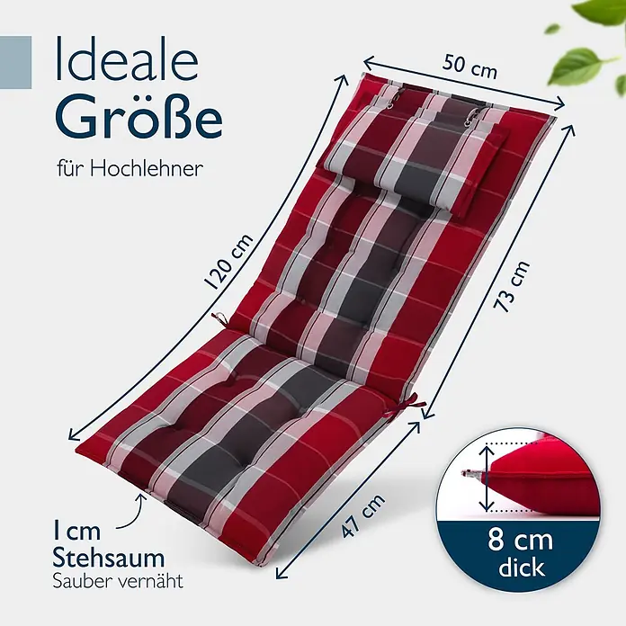 Beautissu Sitzauflage Sun-HL - Hochlehner, 1 Stk., Polyester, Rot-Anthrazit gestreift - Rot-grau-weiß karierte Hochlehner-Auflage, ca. 50x193 cm, 8 cm dick.