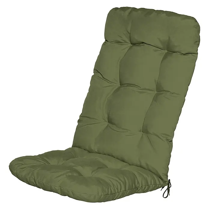 Beautissu Sitzauflage Flair HL - Hochlehner, 1 Stk., L x B x H: 120 x 50 x 8 cm, Polyester, Olivgrün - Grünes gestepptes Stuhlkissen mit Bändern.
