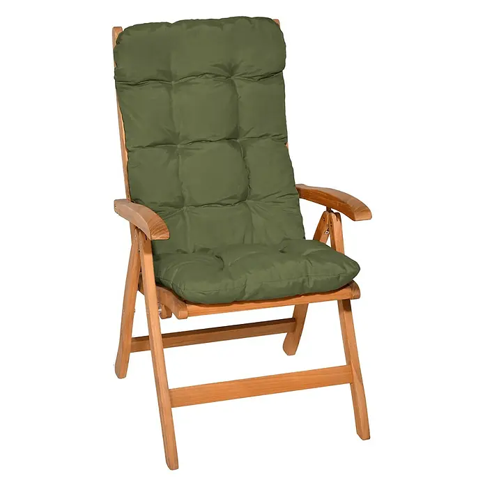 Beautissu Sitzauflage Flair HL - Hochlehner, 2 Stk., L x B x H: 120 x 50 x 8 cm, Polyester, Olivgrün - Holzklappstuhl mit olivgrüner Ganzkörperauflage. Ideal für Garten oder Terrasse.